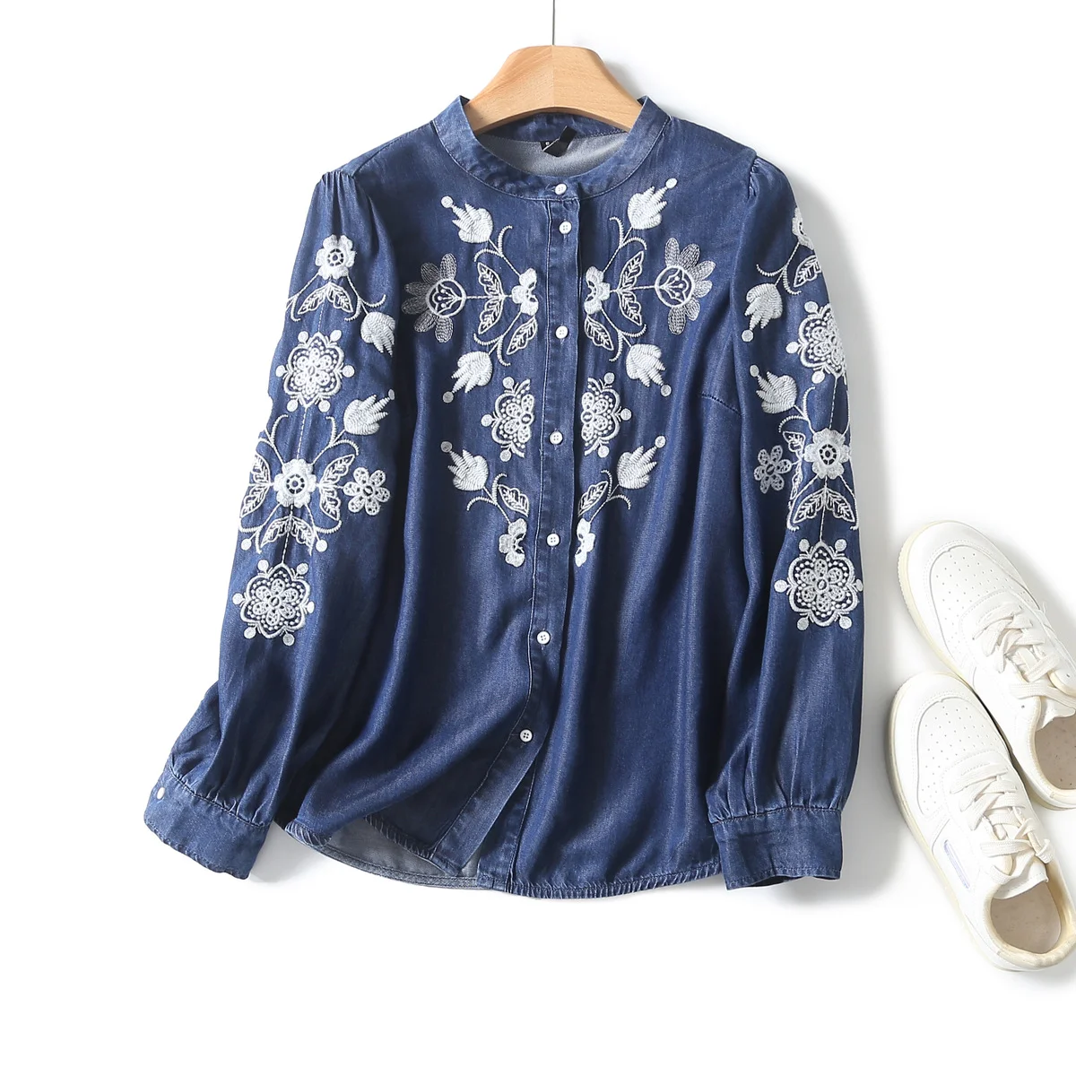 Bohemian denim shirts and blouses for women ethnic floral embroidery denim blouse jean tops youthful woman clothes