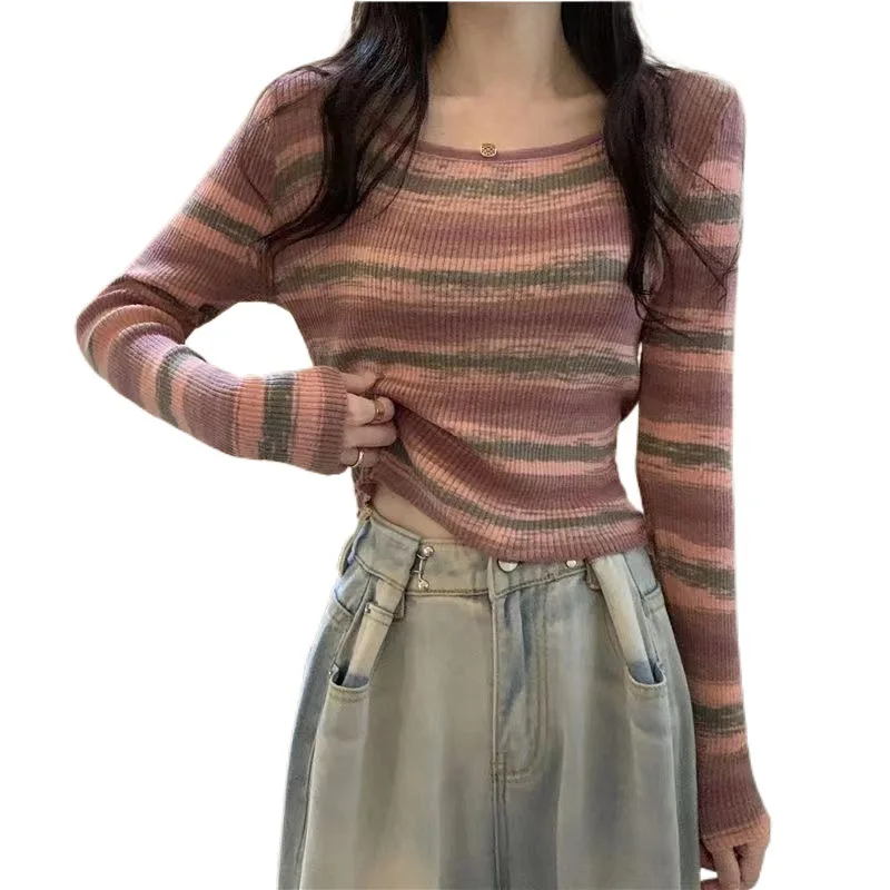 Women\'s Striped Sweater Autumn New O-Neck Long Sleeve Short Slim Knitted Pullover Sweaters Korean Style Vintage Knitting Tops