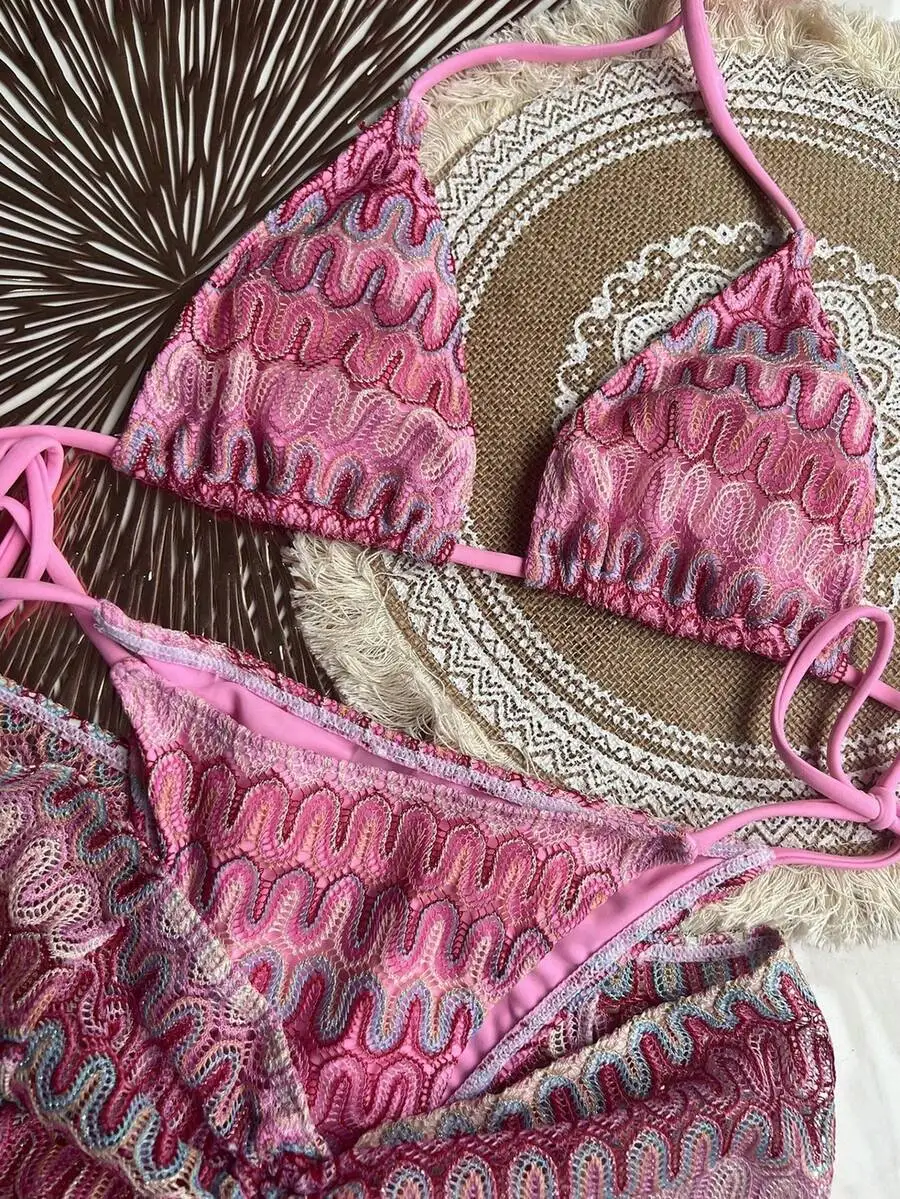 Women Wave Pattern Halterneck Bikini Set With Cover Up Skirt For Beach