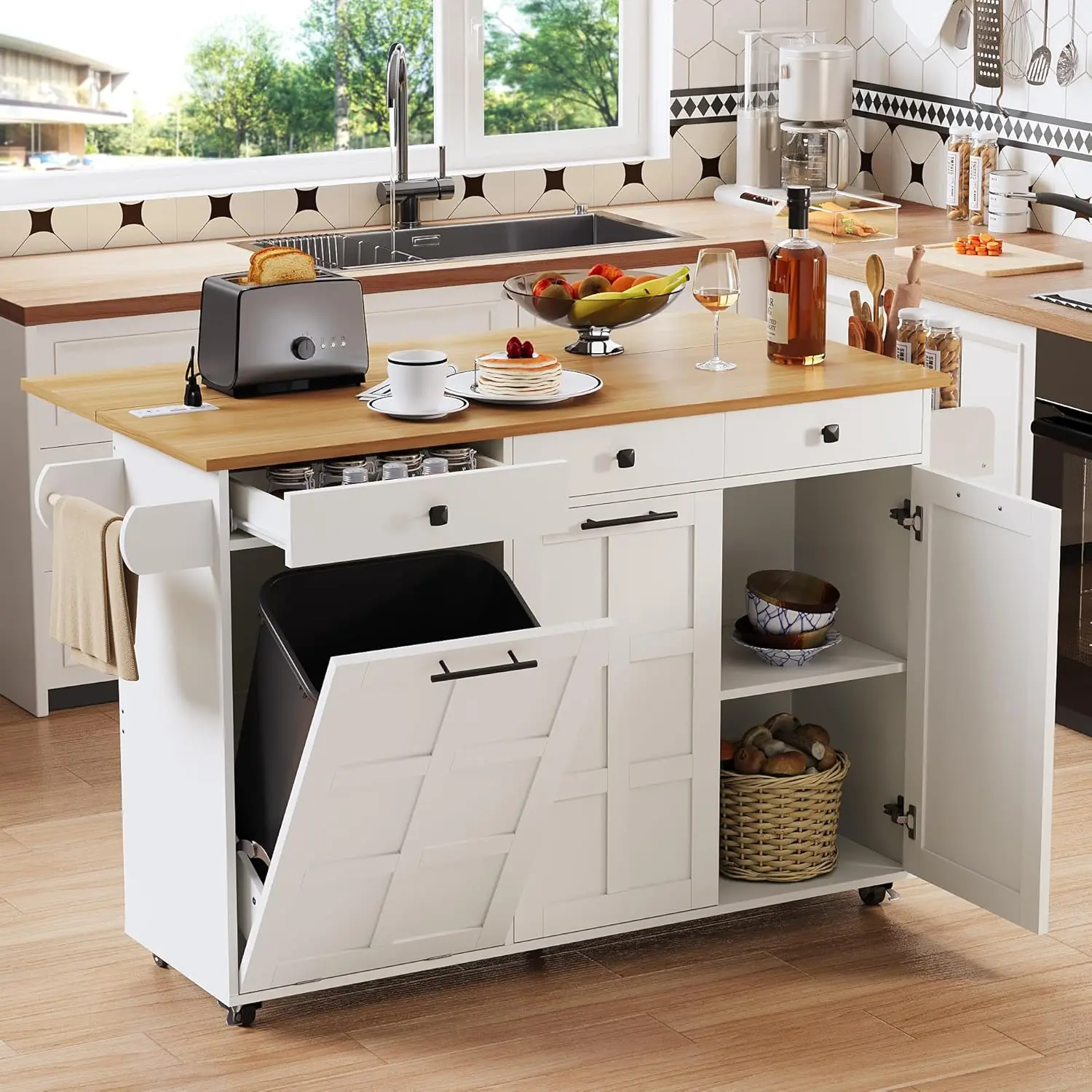 60” Kitchen Island with Drop Leaf & Power Outlet, Kitchen Rolling Island with Spice Rack & Towel Rack, Mobile, Customized