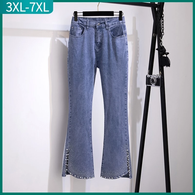 New 2023 Ladies Summer Plus Size Flared Jeans For Women Large Slim Elastic Blue diamonds Denim Trousers 3XL 4XL 5XL 6XL 7XL