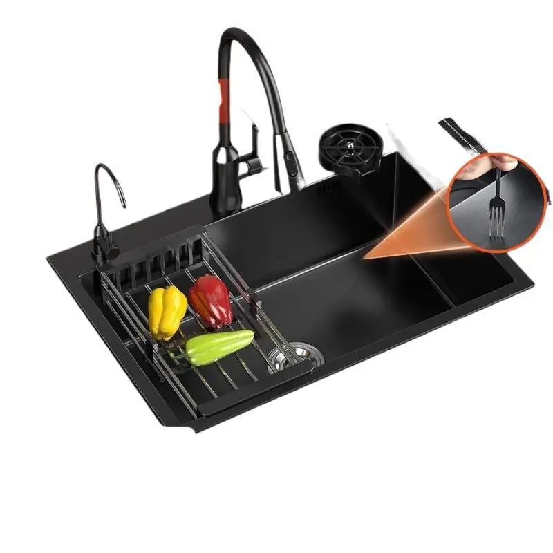 

Thickened stainless steel black sink single Kitchen Handmade dishwashing sink Vegetable washing black nano single sink