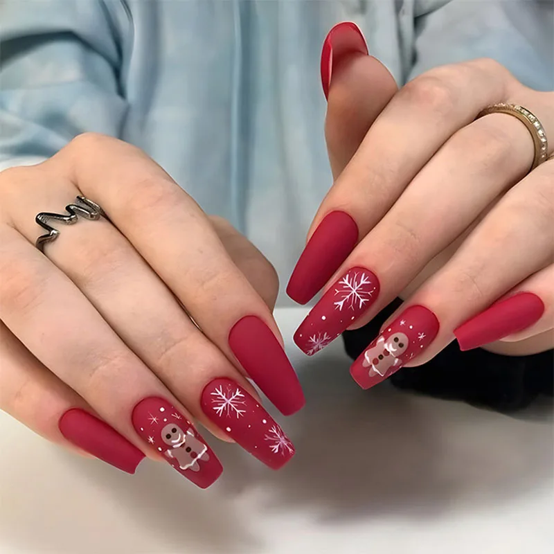 

24Pcs Long Square Press on Nails - Matte Wine Red Base with Brown Bear & White Snowflakes | Christmas Design