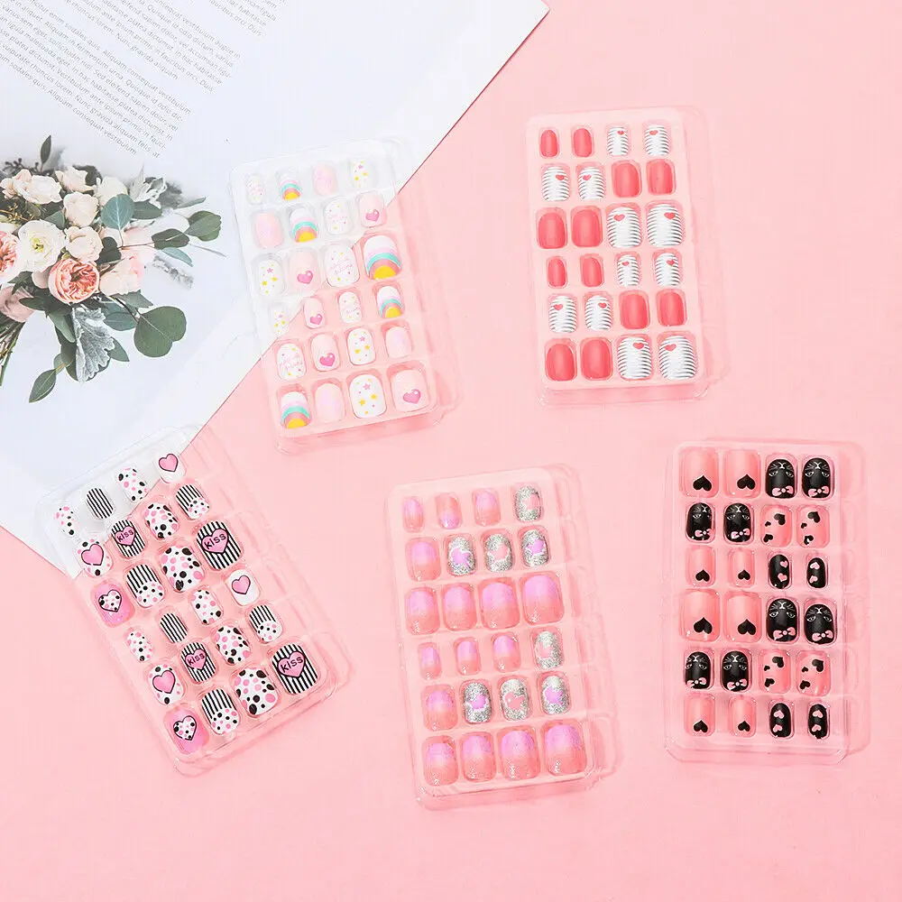 Crianças auto adesivo capa completa doce cor unhas falsas dicas de manicure unhas falsas arte do prego
