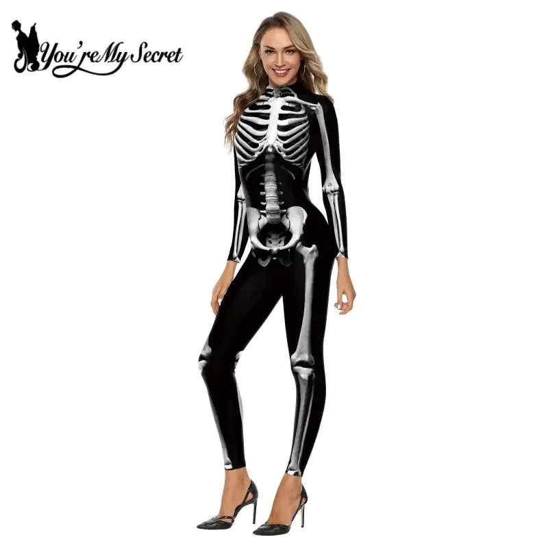 [You're My Secret] Halloween Skeleton Costume Bodysuit 3D Stretch Skinny Jumpsuit Womens Rompers Party Zentai Outfit Catsuit