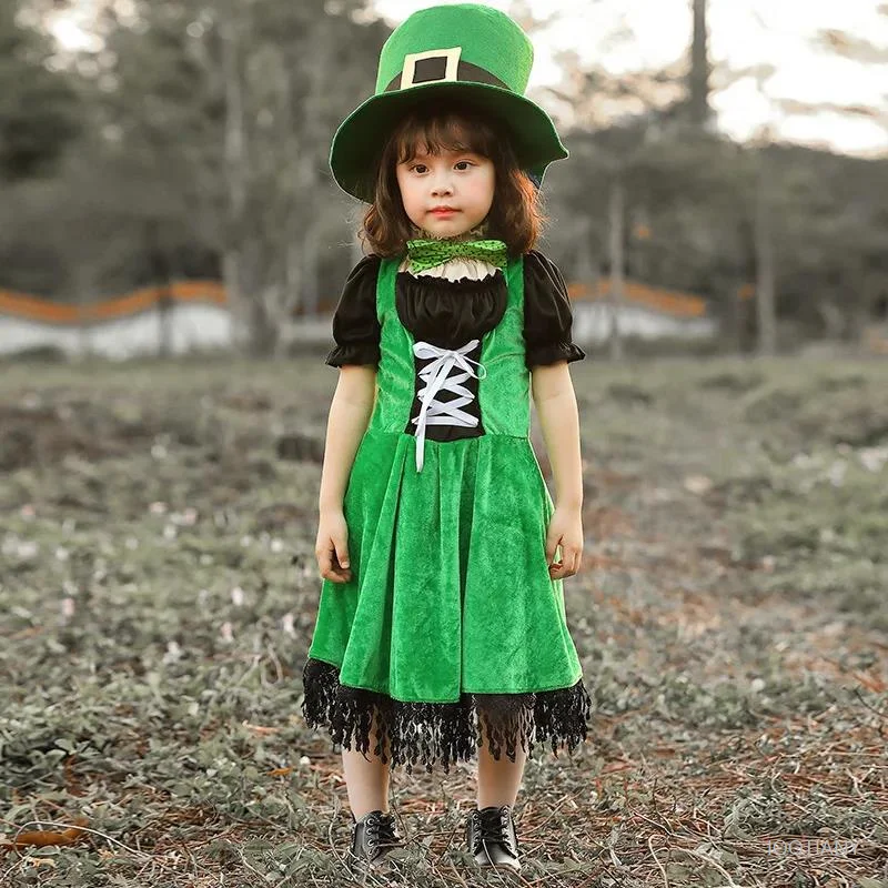 

Girls Irish Leprechaun Elf Cosplay Costume Halloween Purim Carnival Party Children's Day Stage Performance Leprechaun Dwarf Dres