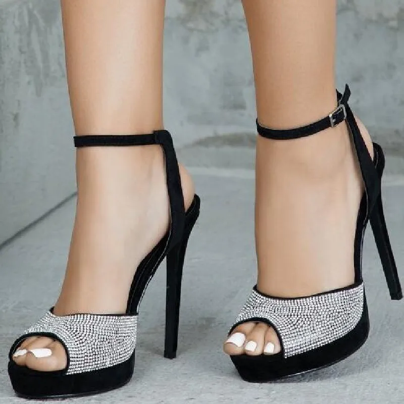 

Summer Fish Mouth Open Toe Rhinestone Waterproof Platform Sandals Thin High Heel Banquet Dress Versatile Large Women's Shoes