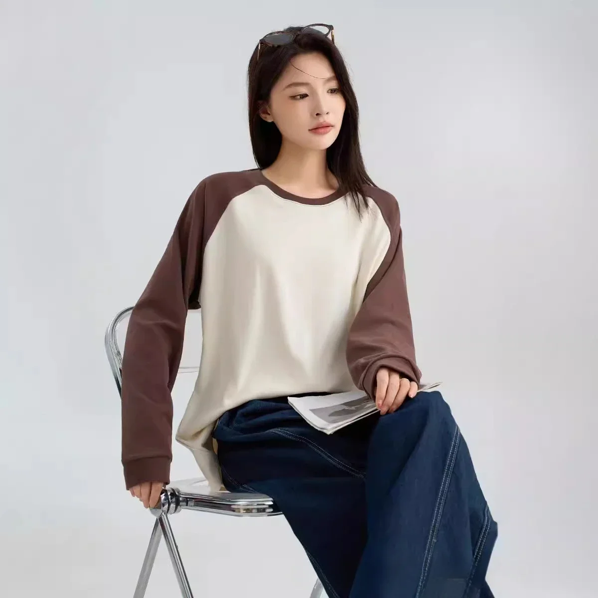 

De Velvet Splicing Clash Color Plunge Bottom Shirt Women's Semi-High Neck Round Neck Long Sleeve Sweatshirt Women Slim Warm Tops