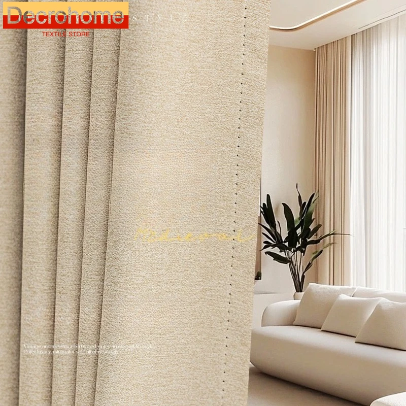 Cream Curtains Full Blackout Dark Grain Texture Cotton and Linen Curtains for Living Dining Room Bedroom Custom Size Decoration