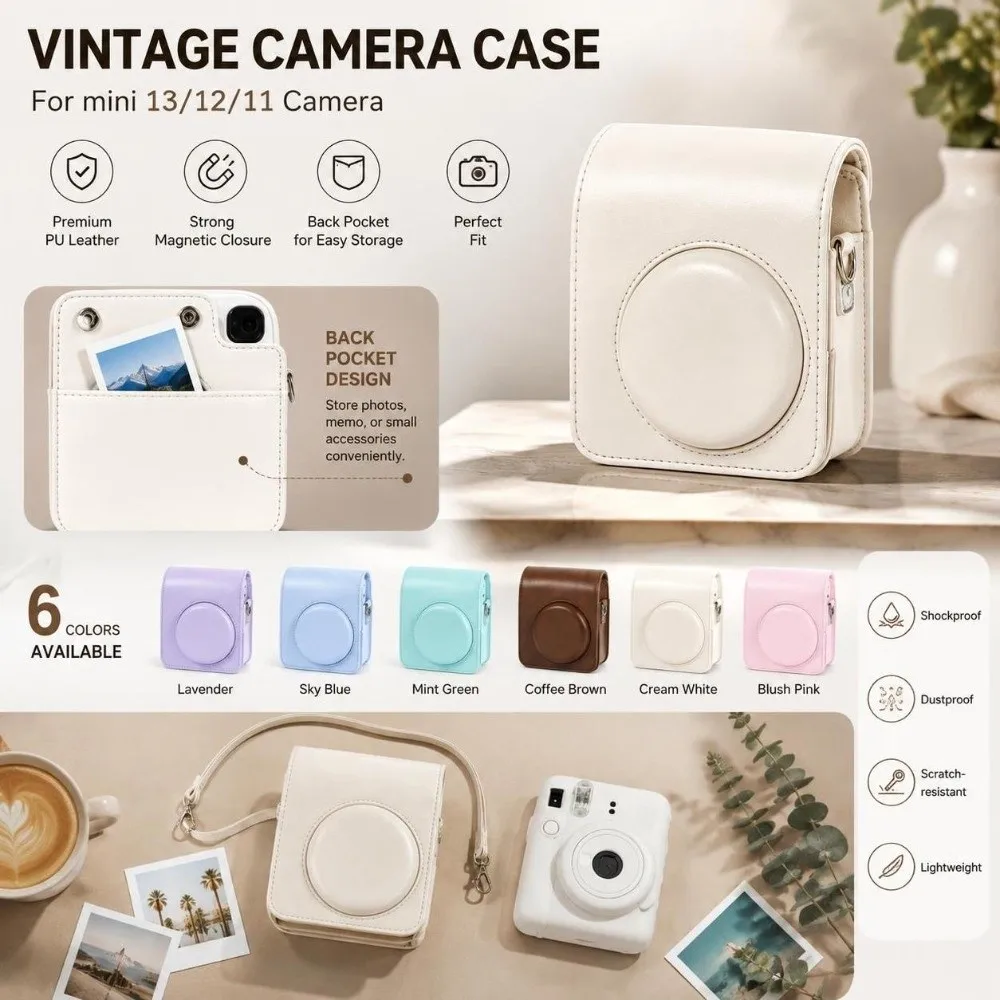PU Leather Instant Camera Case Rear Pocket Magnetic Closure Retro Camera Case for Fujifilm Instax Mini 13/12/11