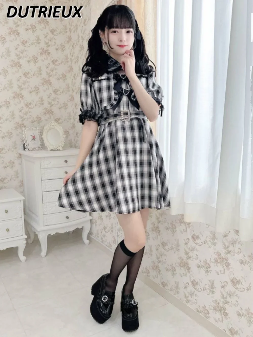 Rojita Plaid Fresh Tight Waist Doll Collar Double-Layer Hem Design Mid-length Dress Summer Sweet Short Sleeve Slimming Dresses