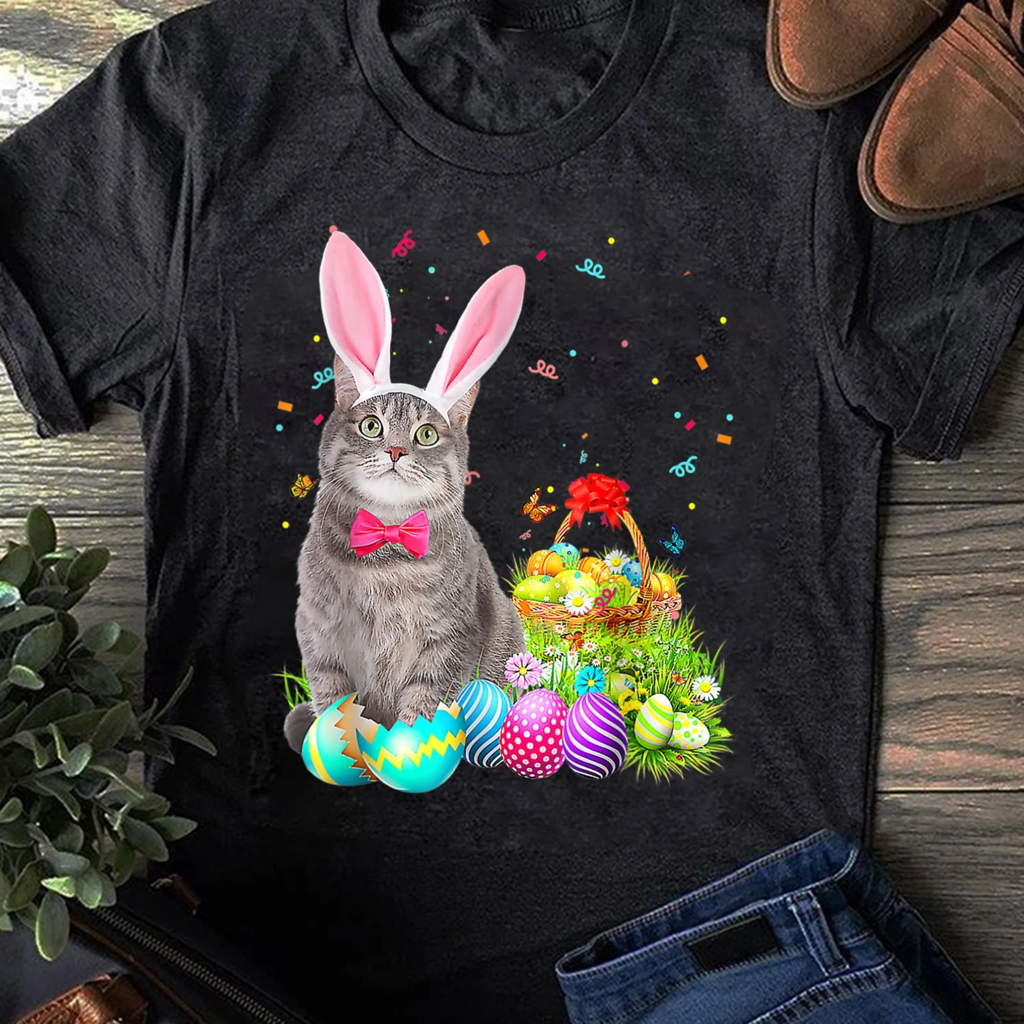 Happy Easter Cute Bunny Cat Eggs Basket Funny T Shirt Lover Summer Cool