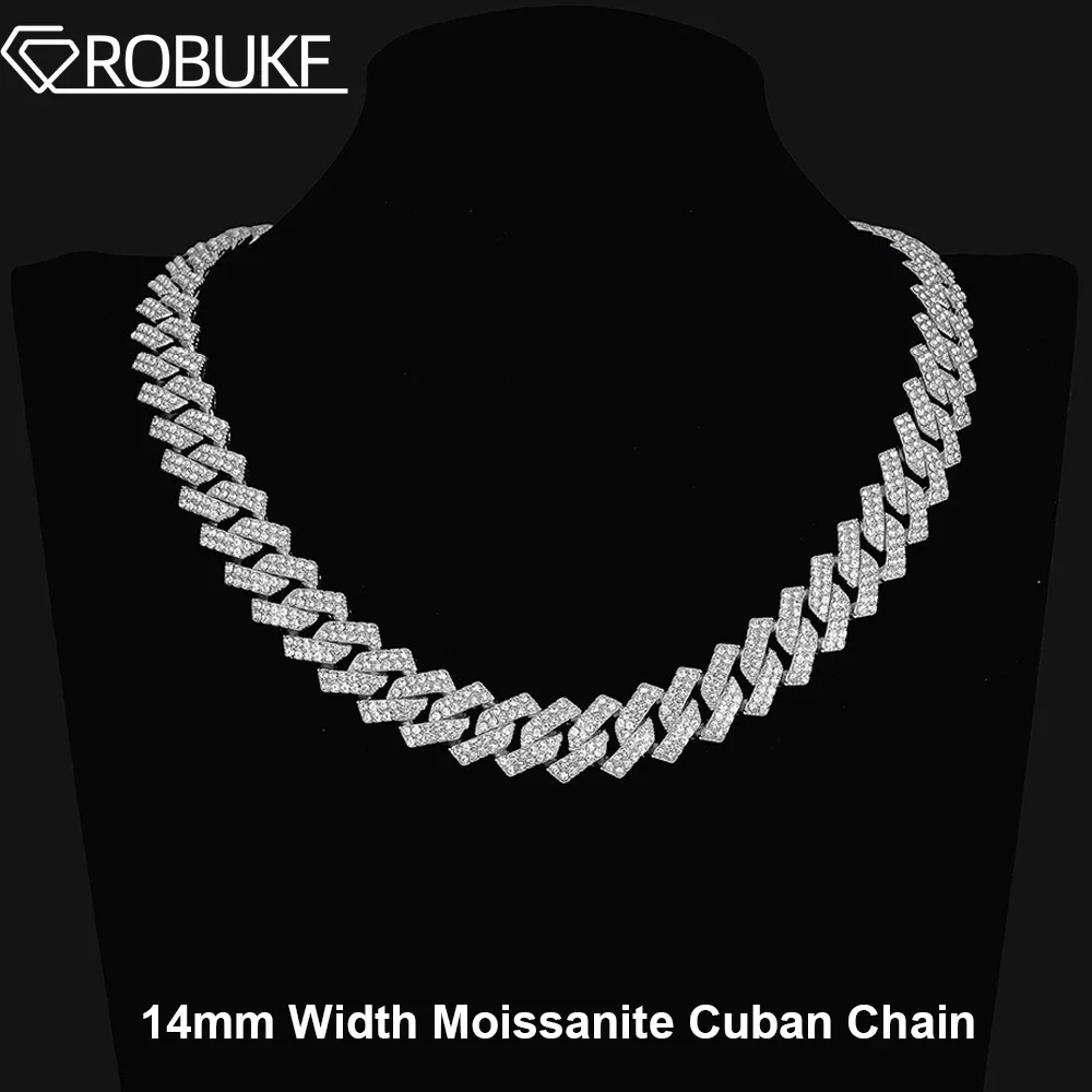 14mm D Color Full Moissanite Cuban Chain Necklace Bracelet for Men Women 925 Sterling Silver Hiphop 2 Row Stone Cuban Jewelry