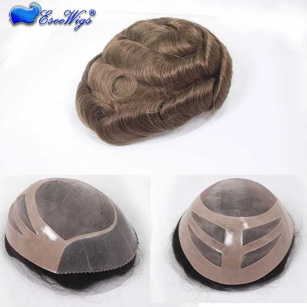 شعر بشري هندي مموج للرجال قطعة شعر مستعار أحادية الدانتيل 10X8 بني فاتح 7 # نظام استبدال الألوان للرجال