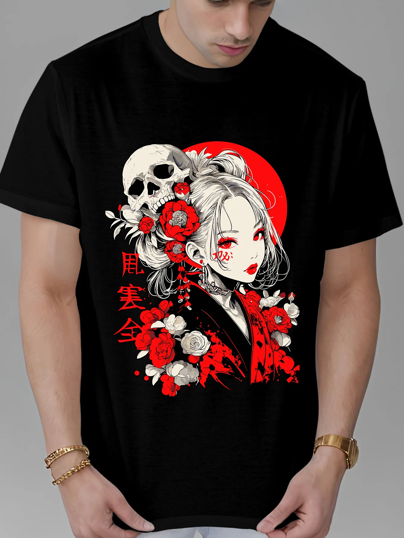 

Japanese Red Flower Beauty Skull, Four Seasons Short Crew Neck Street Style 100 % Cotton T - Shirt, Men' S