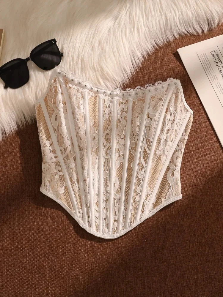 

Elegant French lace floral tube top, vintage and stylish corset, perfect for weddings, parties, and evening wear.