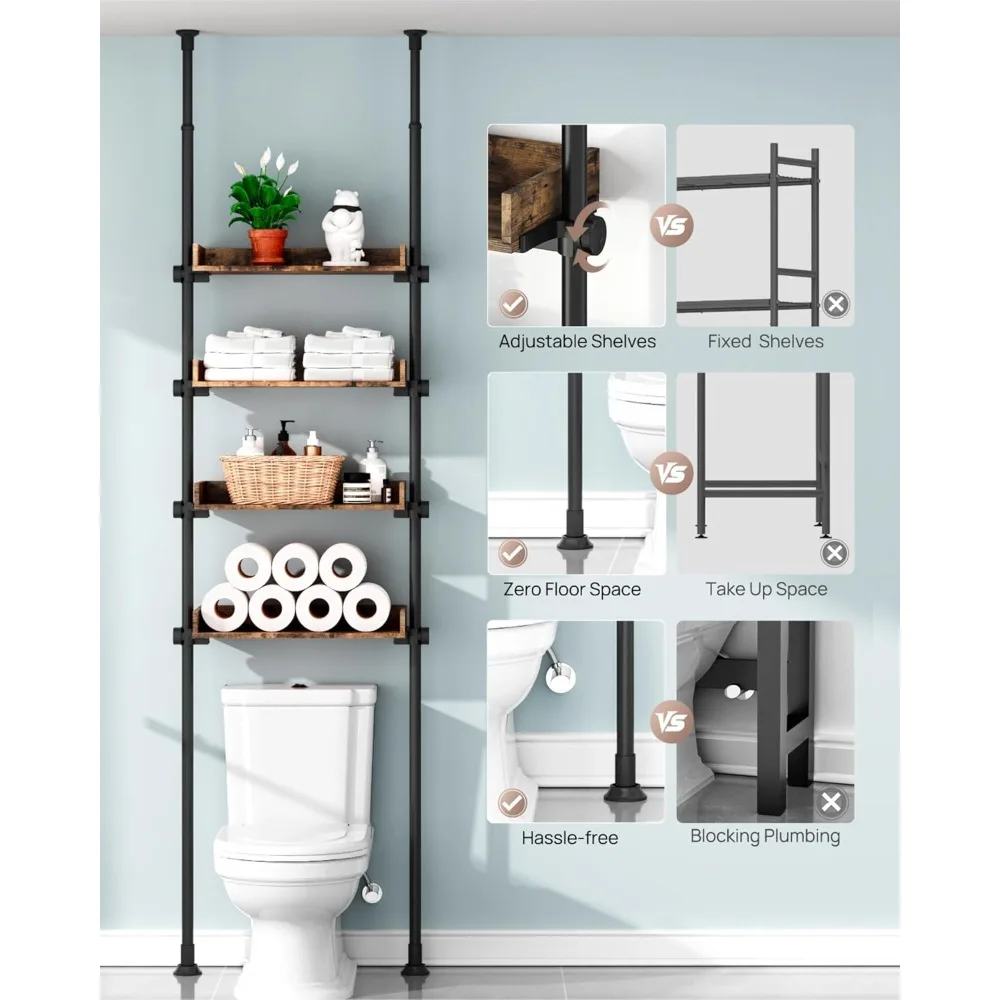 

Bathroom Organizer, Over The Toilet Storage, 4-Tier Adjustable Wood Shelves for Small Rooms, Saver Space Rack