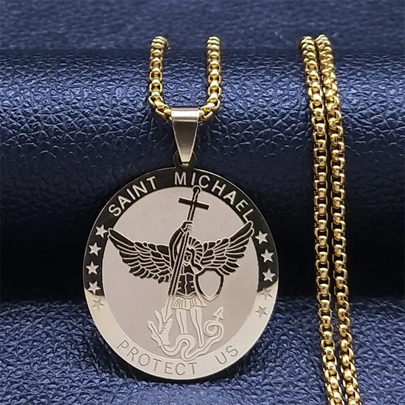 Archangel Saint Michael Medal Necklace for Women Men Stainless Steel Chain Protection Gift Jewelry Amulet colar masculino N2350