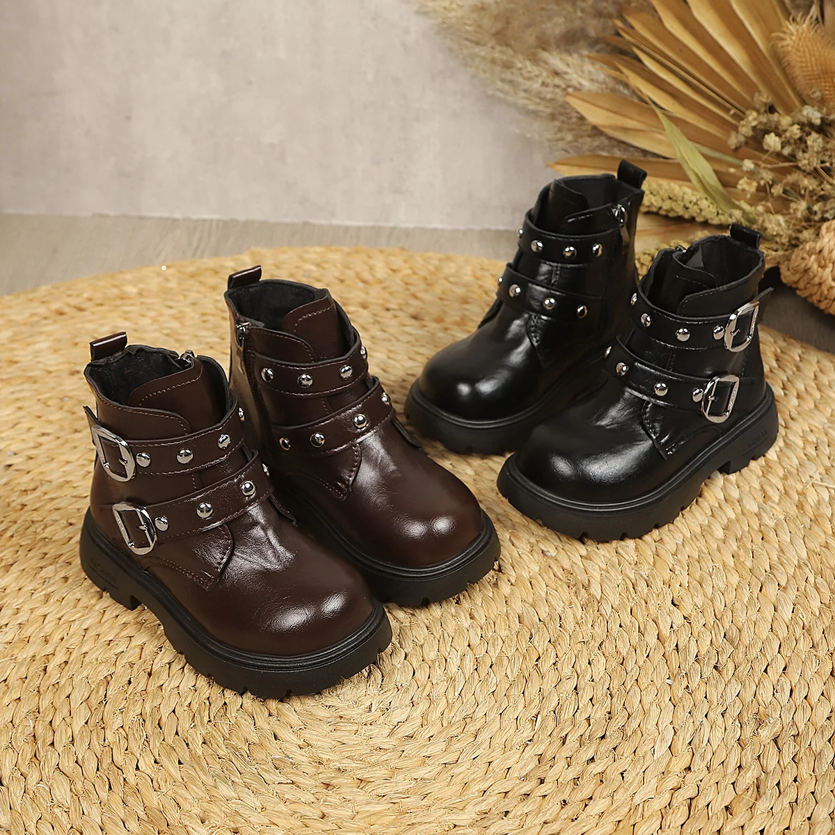 Girls Short Boots Korean Style Versatile Kids Leather Boots Round Toes Soft Sole 2026 Autumn New Children Casual Boots Non-slip