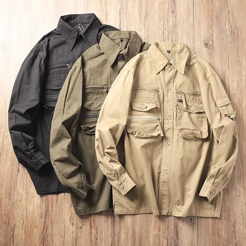 100% Pure Cotton Work Shirt Jacket Multi Pocket Zip Men Spring Autumn Casual Workwear Outdoor Sports Military Tactical Shirt Top