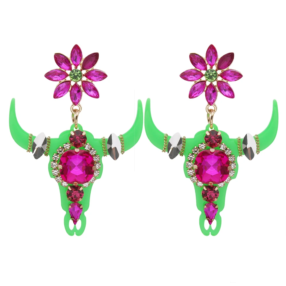 New Gothic Bull Personality Oxhorn Orange Rose Earrings Resin Glass Woman Crystal Large Brinco Ear Oorbellen Wholesale gift