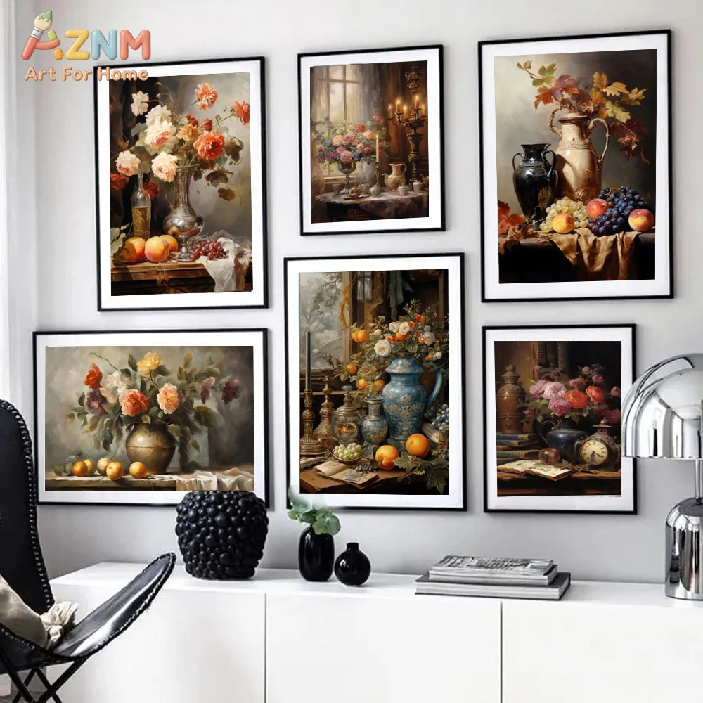 AzNM Vintage Classical Still Life Flower Fruit Vase Oil Painting Canvas Wall Art, Retro Warm Tone Botanical Aesthetic Home Livin