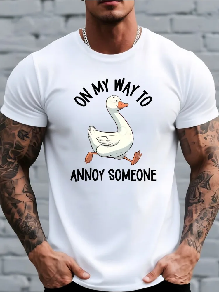 Mens Burgundy Crew Neck Tee Funny Cartoon White Duck Print On My Way To Annoy Someone Casual Loose Summer Daily Streetwear Shirt