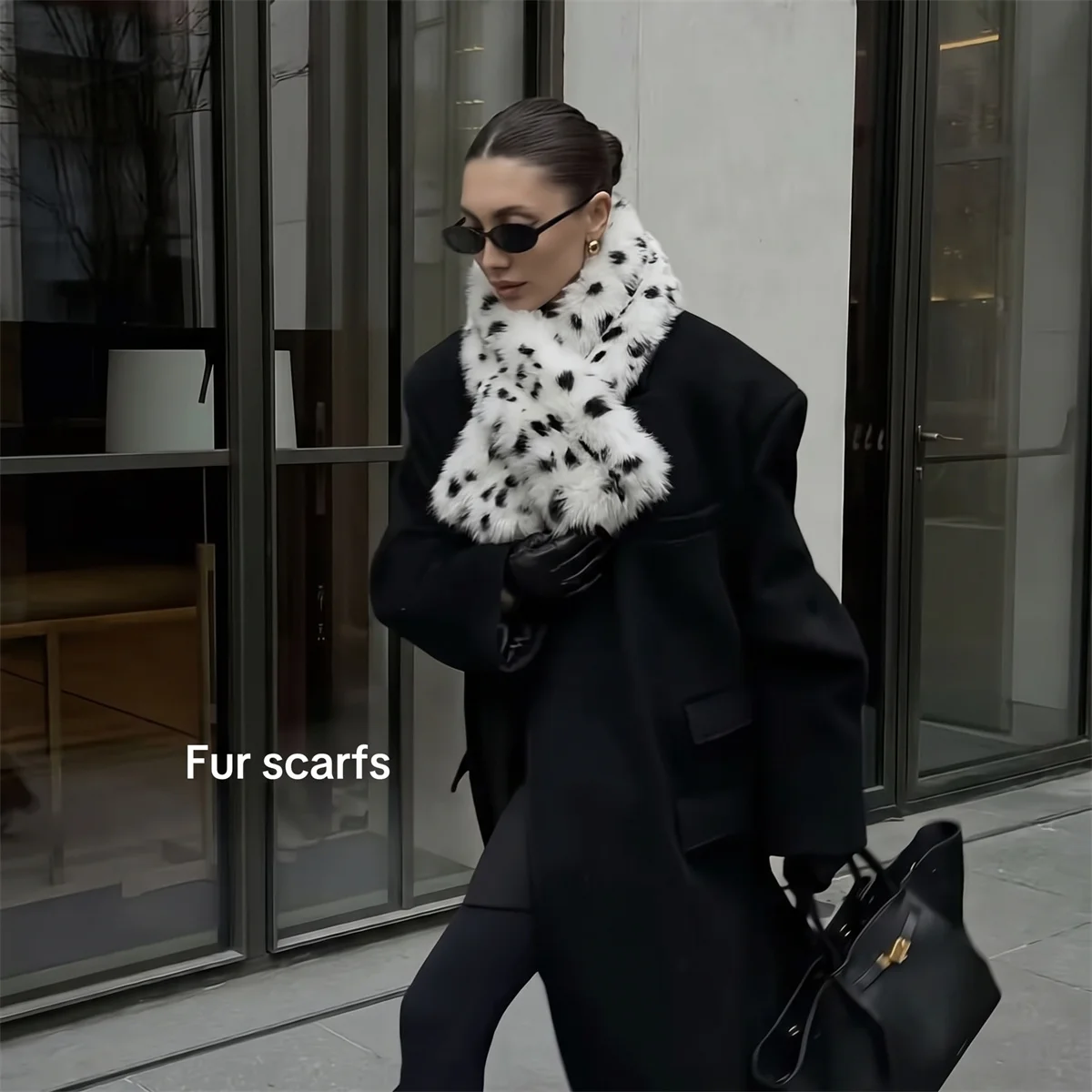 2026 New Elegant Womens Faux Fur Neck Wrap Scarf White Black Dalmatian Spotted Design Thick Fluffy Warm Coat Accessory
