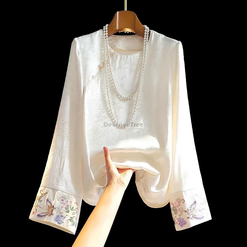 

2025 новый китайский повседневный стиль, жаккардовый женский костюм с длинными рукавами и круглым воротником, весенний новый стиль, улучшенный костюм Тан, блузка t001