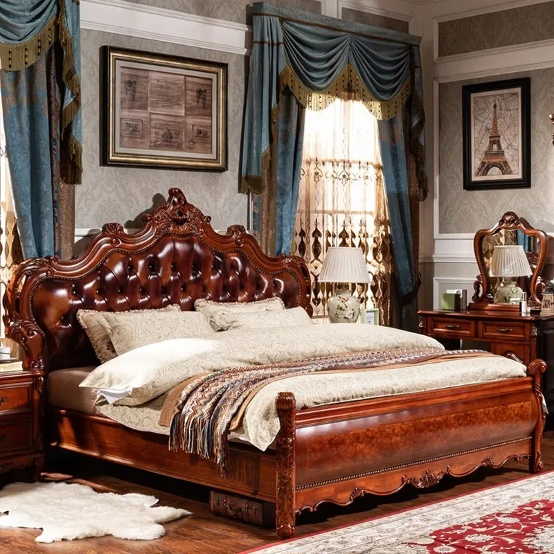 Luxurious European-style villa solid wood bed - Premium American-style carved leather king-sized bed 2.2m, suitable for the mast