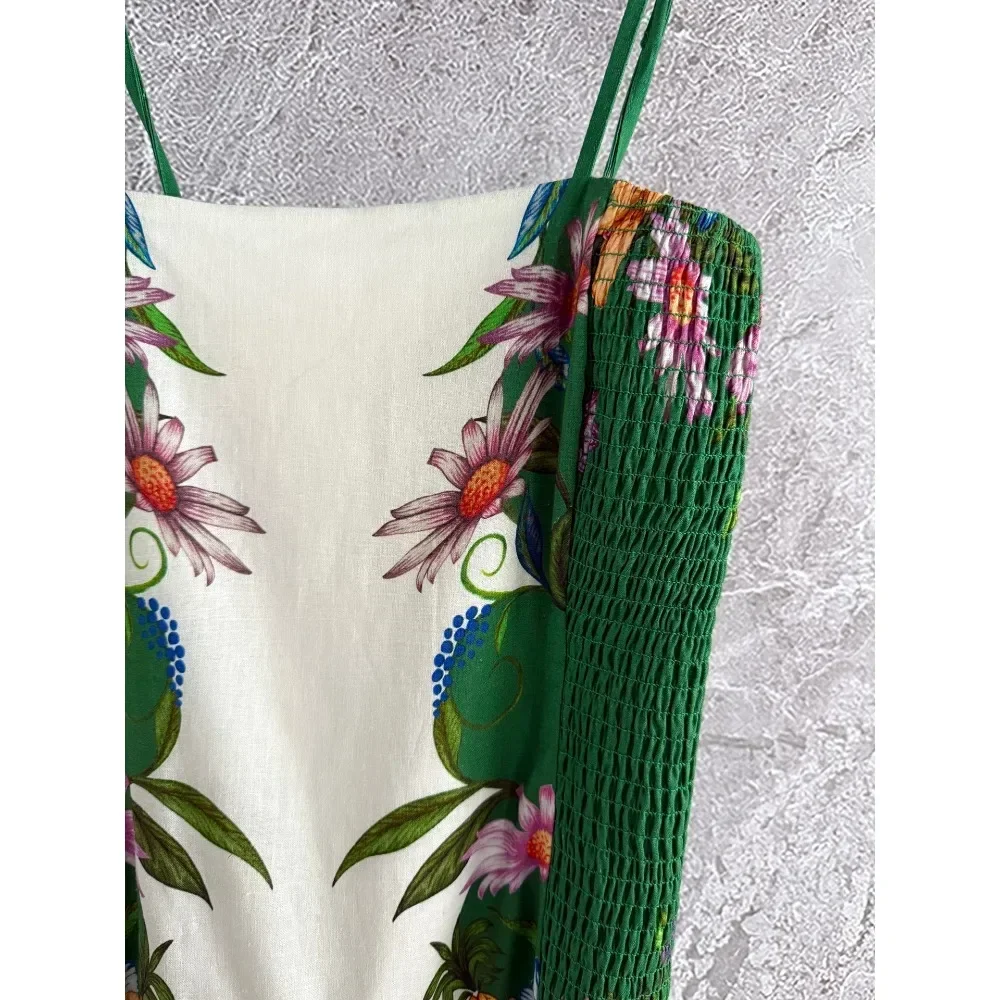 فستان حورية البحر بكشكشة مطرز بالخرز متوسط الطول 2025 موضة جديدة بطباعة بيزلي خضراء بدون أكمام