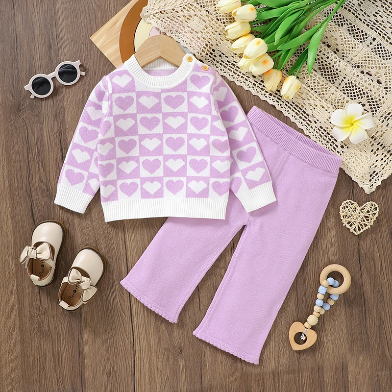 Baby Clothes Sets Knit Newborn Girl Cute Loving Pullover +Solid Pants Warm Infant Long Sleeve Sweater +Trousers 2PCS Playsuit