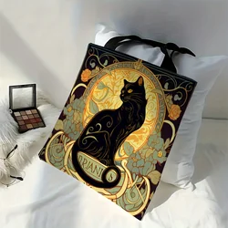 Borsa tote con gatto nero nobile di arte retrò, borsa a tracolla alla moda, borsa per la spesa leggera quotidiana in tessuto di lino 40X40 cm