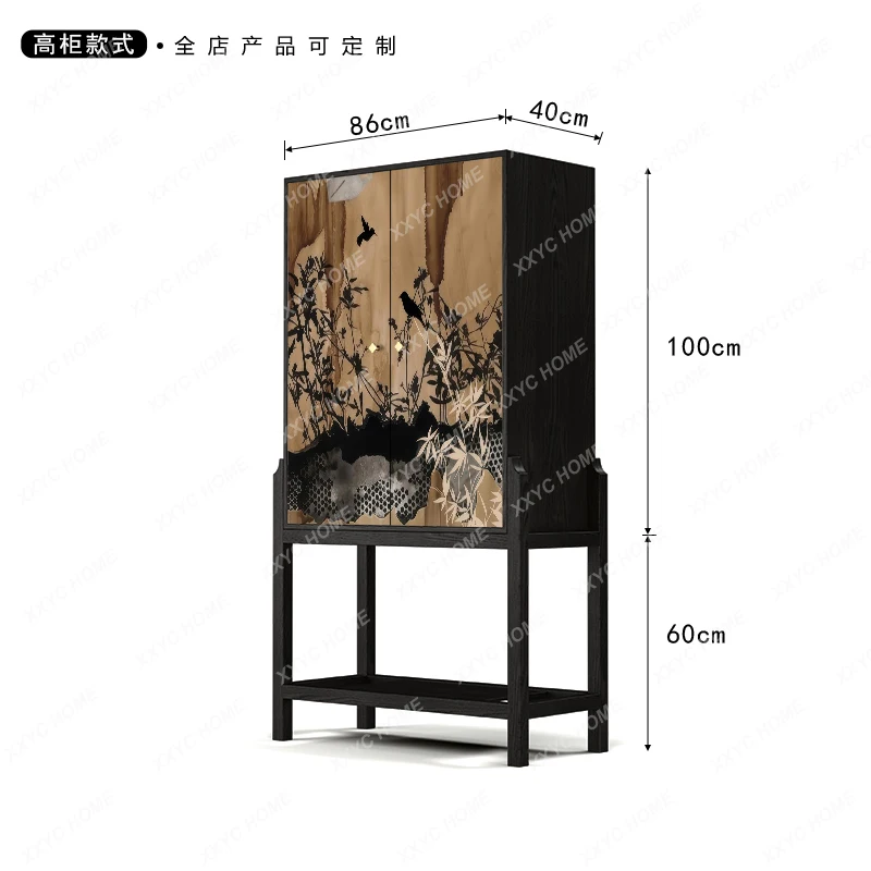 Song Dynasty Aesthetic Bamboo Forest Flower and Bird Solid Wood Chest of Drawers Entrance High Storage Cabinet