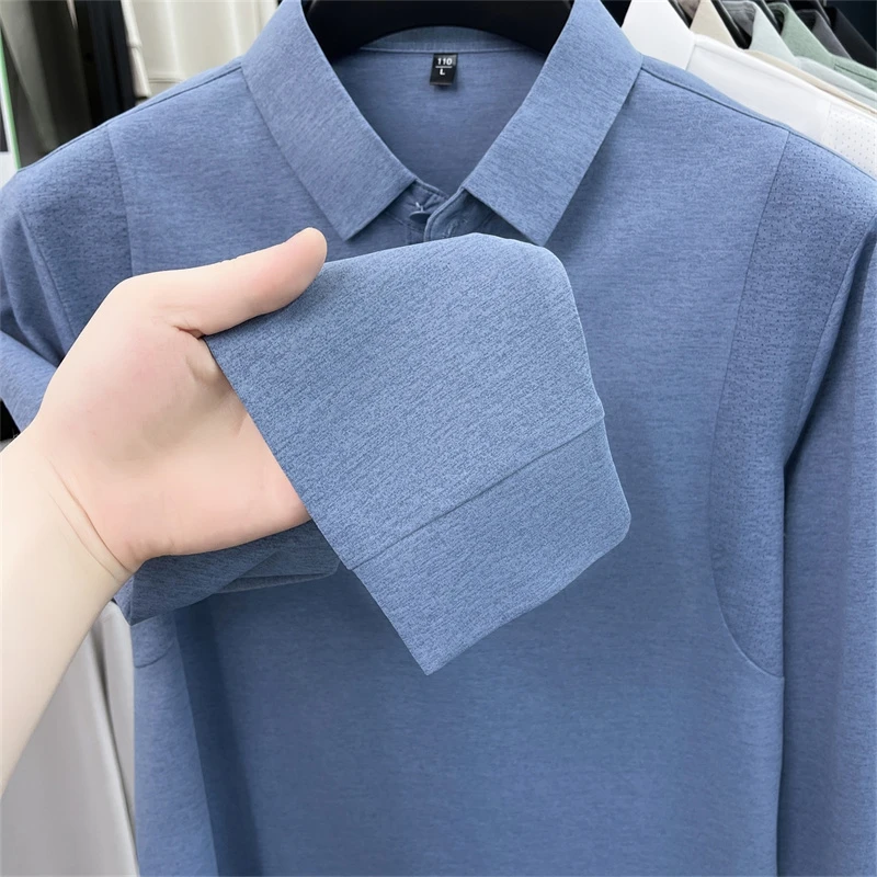 Original Herren Langarm-Poloshirt, schnelltrocknend, atmungsaktiv, mit Revers und Knöpfen, exquisiter Buchstabendruck, Herbst-Freizeit-Sportbekleidung für Herren – Detail 5