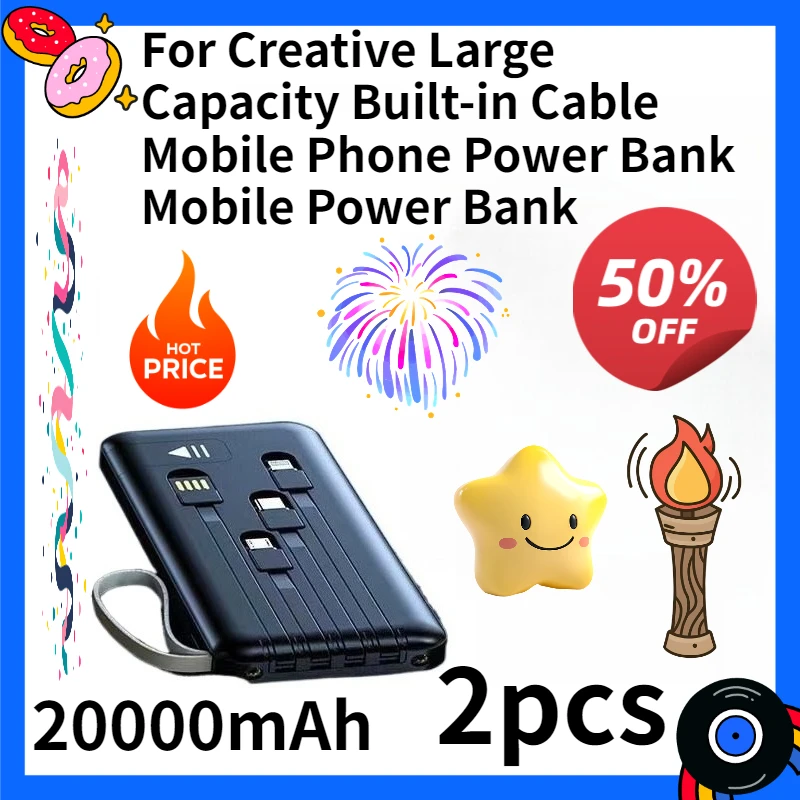 

For Creative Large Capacity 20000mAh Built-in Cable Mobile Phone Power Bank Mobile Power Bank 2pcs