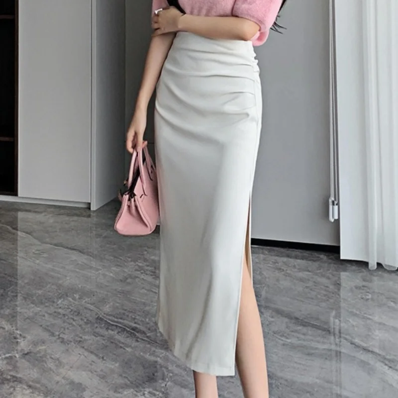Seoulish 2025 Summer New Women's Skirts Vintage Solid Office Lady Style High Waist Wrapped Slim Pleated Suit Skirts for Women