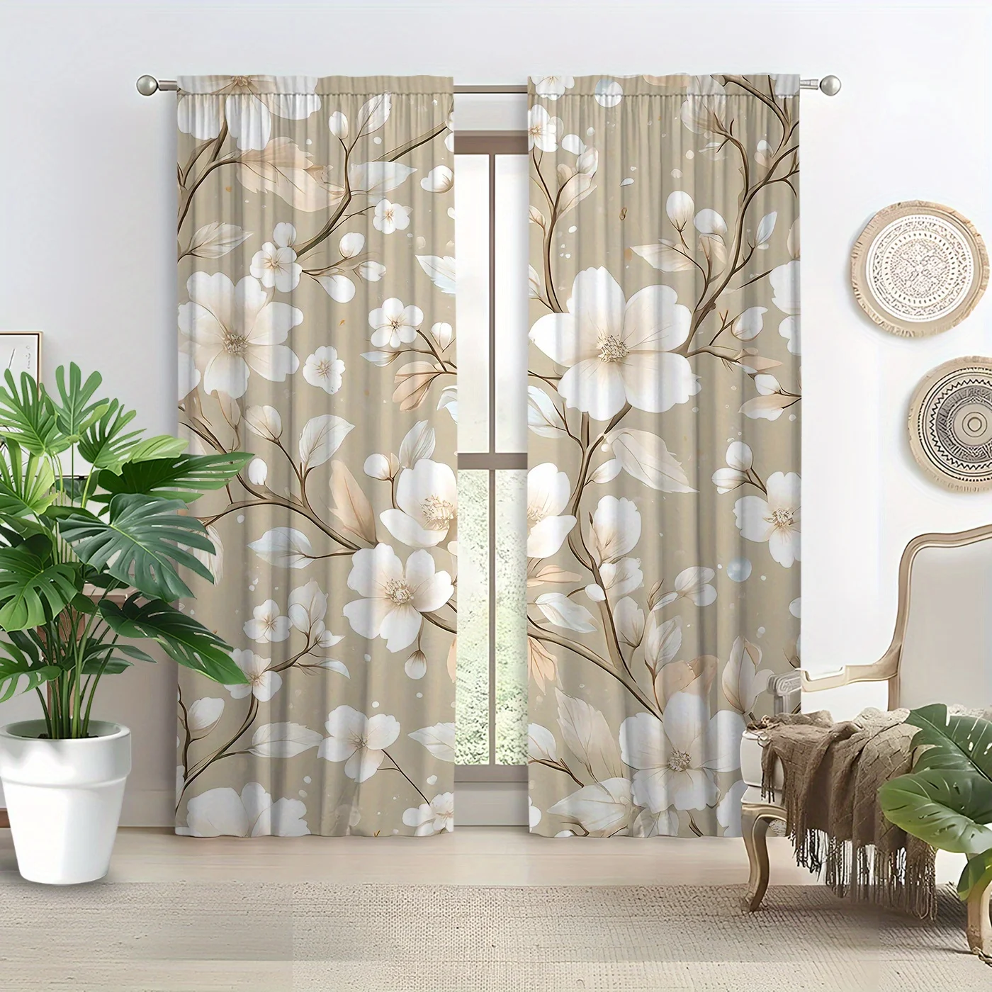 Luxury Floral Blossom Curtains Pair Beige Spring Flower Window Drapes Curtain Panels for Living Room Home Decoration