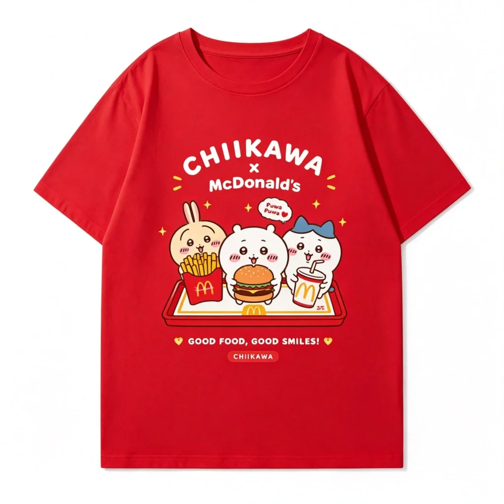 Kawaii Niedliches Ästhetisches Chiikawa McDonald's Kollaborations-Burger-Frites-Print Baumwolle Atmungsaktives Unisex-T-Shirt mit Rundhalsausschnitt – Detail 6