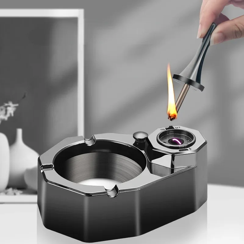 HONEST Ashtray Kerosene Ignition Oil Electric Hybrid Rechargeable Lighter Creative Ashtray Desktop Decoration Men's Gift