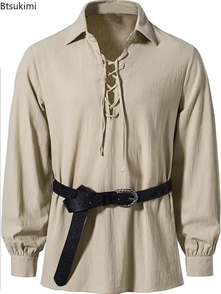 New Men's European Size Fashion Drawstring Lapel Shirt Spring Long Sleeve Hippie Casual Comfortable Shirt Streetwear Stylish Top