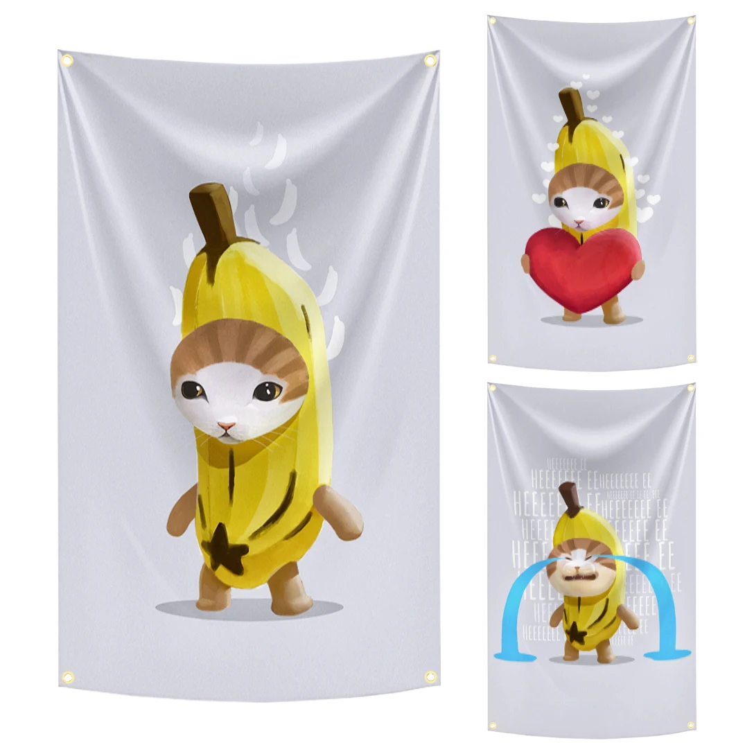Happy Banana Cat Meme Flagge, 90 x 150 cm, Polyester-Banner mit Messingösen für Schlafzimmer, Wohnheim, Raumdekoration