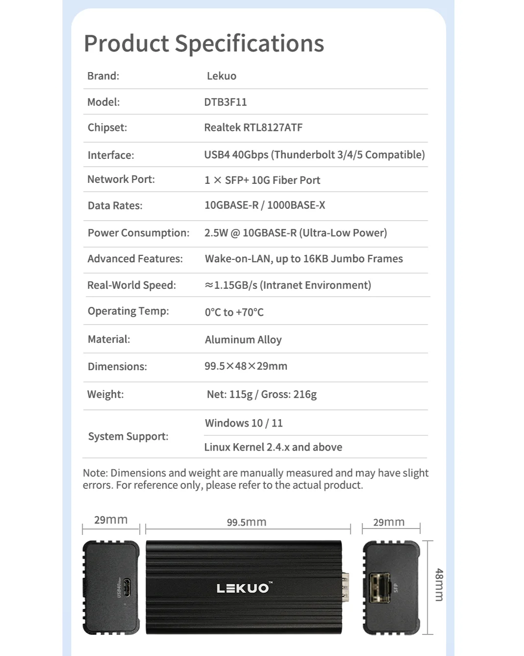 Lekuo Single Port 10G SFP+ PCIe Network Card Realtek RTL8127ATF Thunderbolt 3/4/5 Compatible Win/Linux for NAS & Workstation