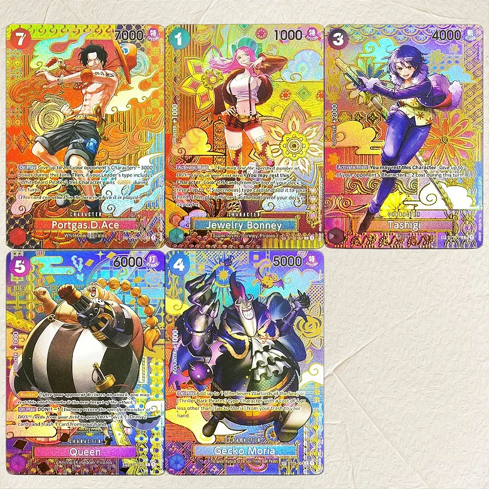 Tarjetas Coleccionables de Anime Premium de One Piece: Portgas D. Ace, Bonney, Tashigi, Queen, Gecko, Moria - 5 Tarjetas DIY con Textura de Lámina