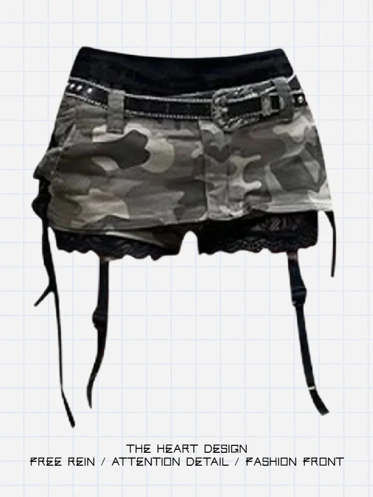 

Retro American Y2K Spicy Girl Waed out Camo Denim Skirt Women Sexy Body a A-Line Skirt Commute Sle