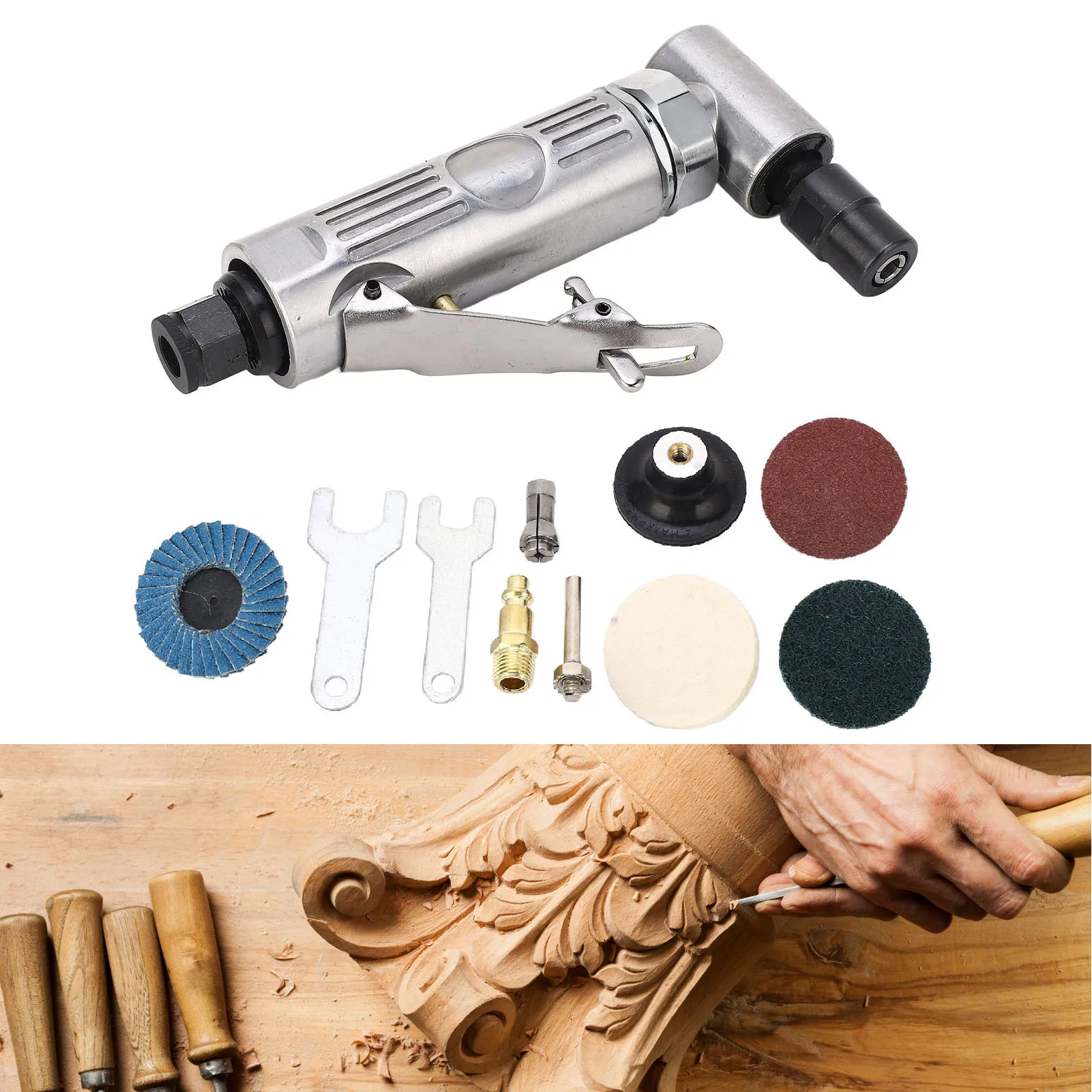 Pneumatic Grinding Set Right Angle Air Die Grinder 0.3HP Motor 1/4 1/8 Chuck Adjustable Speed