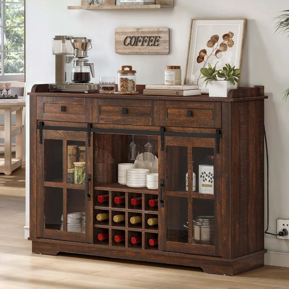 Farmhouse Coffee Bar Cabinet with Sliding Door and Drawers, 53" Kitchen Sideboard Buffet Cabinet, Home Bar Cabinet with Win