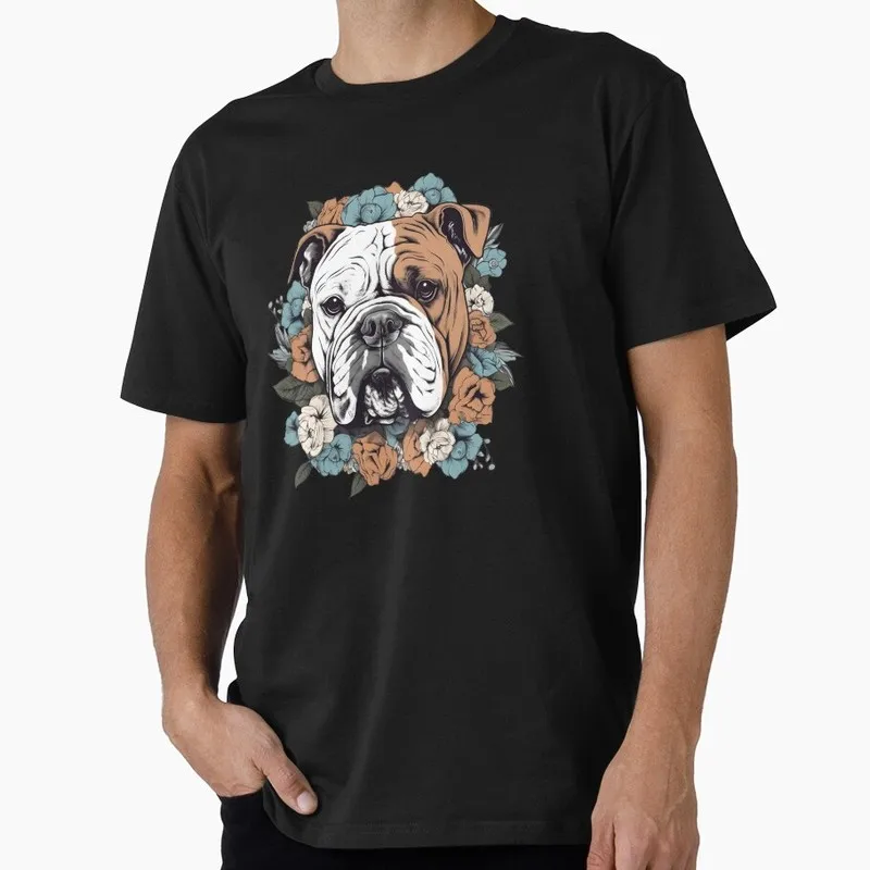 Cute Bulldog Surrounded with Blossom Flower Graphic T-shirt Unisex Cotton Short Sleeve Tee Funny Gift for Dog Lovers