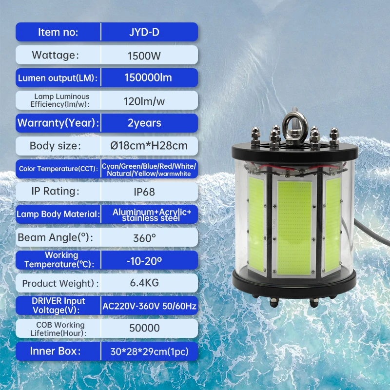 Professional 1000W 1500W LED Fishing Light Underwater Green Lure Ocean Marine Attract Squid Tuna Deep Sea Fishing Lamp for Boats