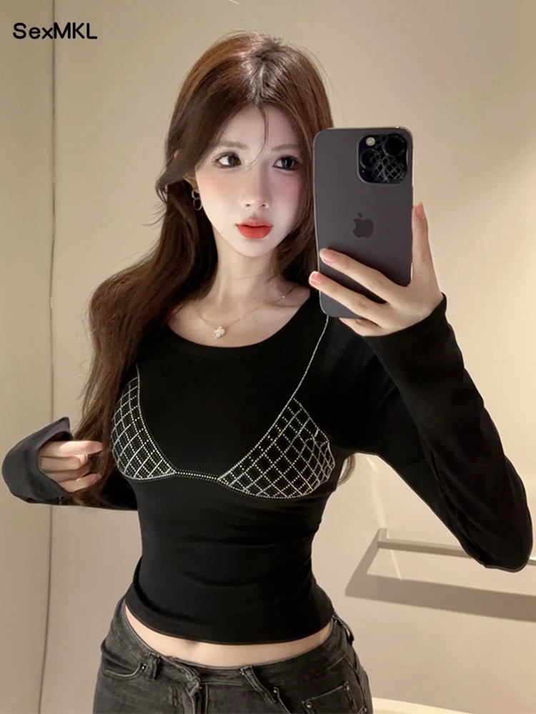 Frauen Casual Schwarz Diamanten T Shirts 2025, Langarm Koreanische Mode Y2k Kleidung Ins Dünnes T-shirt Frauen Korsett Crop Tops tees